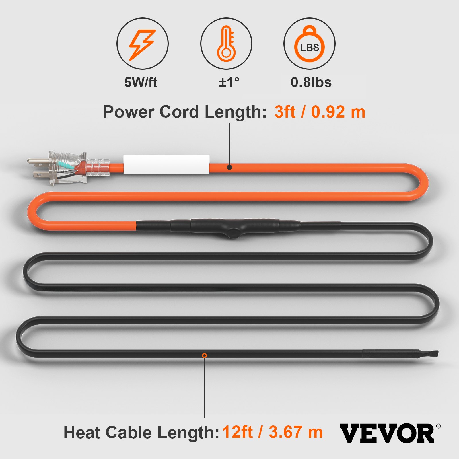 VEVOR Self-Regulating Pipe Heating Cable, 12FT 5W/FT Heat Tape for Pipes Freeze Protection, Water Pipe Heat Cable with Built-in Thermostat Protects PVC Hose, Metal and Plastic Pipe from Freezing