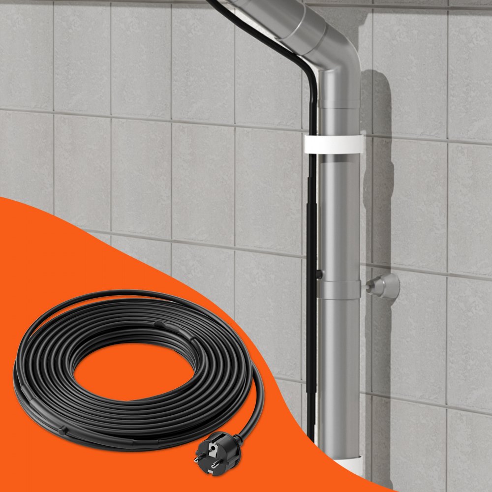 VEVOR Self-Regulating Pipe Heating Cable, 3.7m 16.4W/m Heat Tape for Pipes Freeze Protection, Water Pipe Heat Cable with Built-in Thermostat Protects PVC Hose, Metal and Plastic Pipe from Freezing