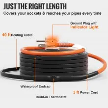 VEVOR Self-Regulating Pipe Heating Cable, 40FT 5W/FT Heat Tape for Pipes Freeze Protection, Water Pipe Heat Cable with Built-in Thermostat Protects PVC Hose, Metal and Plastic Pipe from Freezing