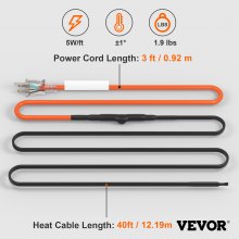 VEVOR Self-Regulating Pipe Heating Cable 40FT 5W/FT Heat Tape with Thermostat