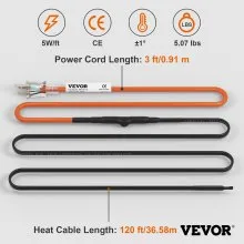 VEVOR Self-Regulating Pipe Heating Cable, 120-feet 5W/ft Heat Tape for Pipes Freeze Protection, Protects PVC Hose, Metal and Plastic Pipe from Freezing, 120V