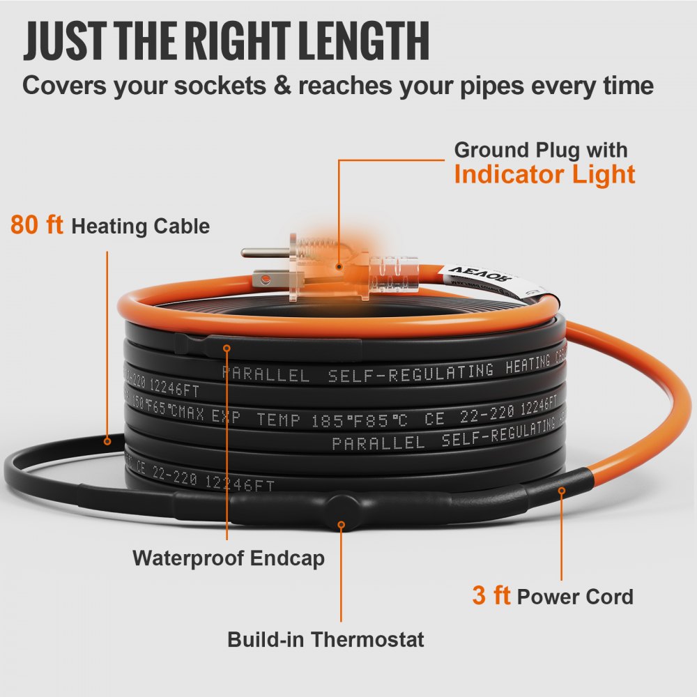 VEVOR Cable calefactor de tubería autorregulable, cinta térmica de 80 pies 5 W/pie para protección contra congelación de tuberías, protege mangueras de PVC, tuberías de metal y plástico contra la congelación, 120 V