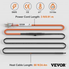 VEVOR Self-Regulating Pipe Heating Cable, 80-feet 5W/ft Heat Tape for Pipes Freeze Protection, Protects PVC Hose, Metal and Plastic Pipe from Freezing, 120V
