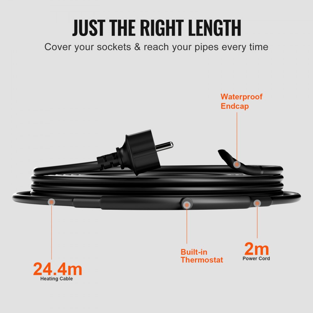 VEVOR Self-Regulating Pipe Heating Cable, 24.4m 16.4W/m Heat Tape for Pipes Freeze Protection, Water Pipe Heat Cable with Built-in Thermostat Protects PVC Hose, Metal and Plastic Pipe from Freezing