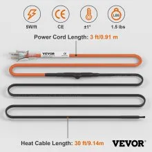 VEVOR Self-Regulating Pipe Heating Cable, 30-feet 5W/ft Heat Tape for Pipes Freeze Protection, Protects PVC Hose, Metal and Plastic Pipe from Freezing, 120V
