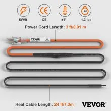 VEVOR Self-Regulating Pipe Heating Cable, 24-feet 5W/ft Heat Tape for Pipes Freeze Protection, Protects PVC Hose, Metal and Plastic Pipe from Freezing, 120V