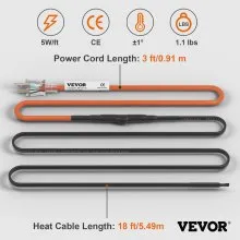 VEVOR Self-Regulating Pipe Heating Cable, 18-feet 5W/ft Heat Tape for Pipes Freeze Protection, Protects PVC Hose, Metal and Plastic Pipe from Freezing, 120V