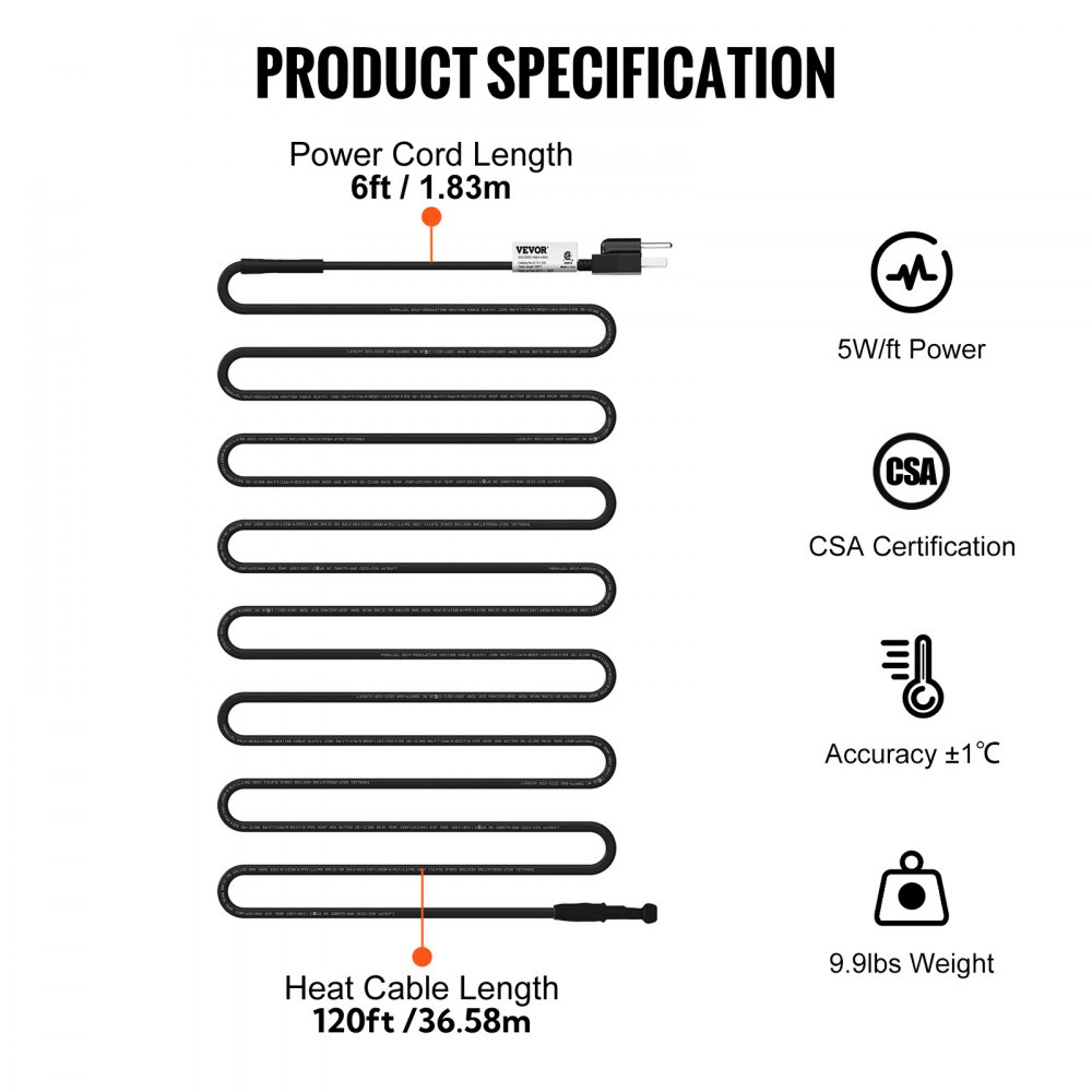 VEVOR Self-Regulating Pipe Heating Cable, 120-feet 5W/ft Heat Tape for Pipes, Roof Snow Melting De-icing, Gutter and Pipe Freeze Protection, 120V