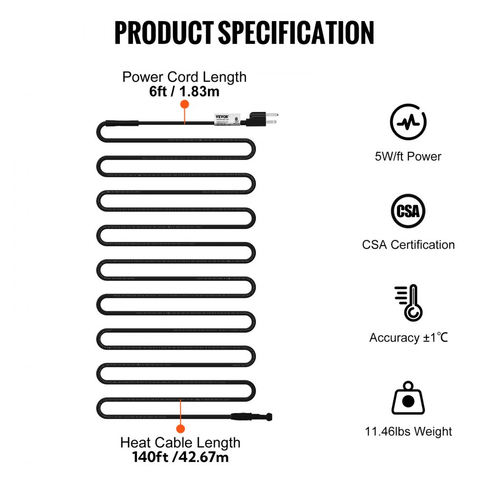 VEVOR Self-Regulating Pipe Heating Cable, 140-feet 5W/ft Heat Tape for Pipes, Roof Snow Melting De-icing, Gutter and Pipe Freeze Protection, 120V