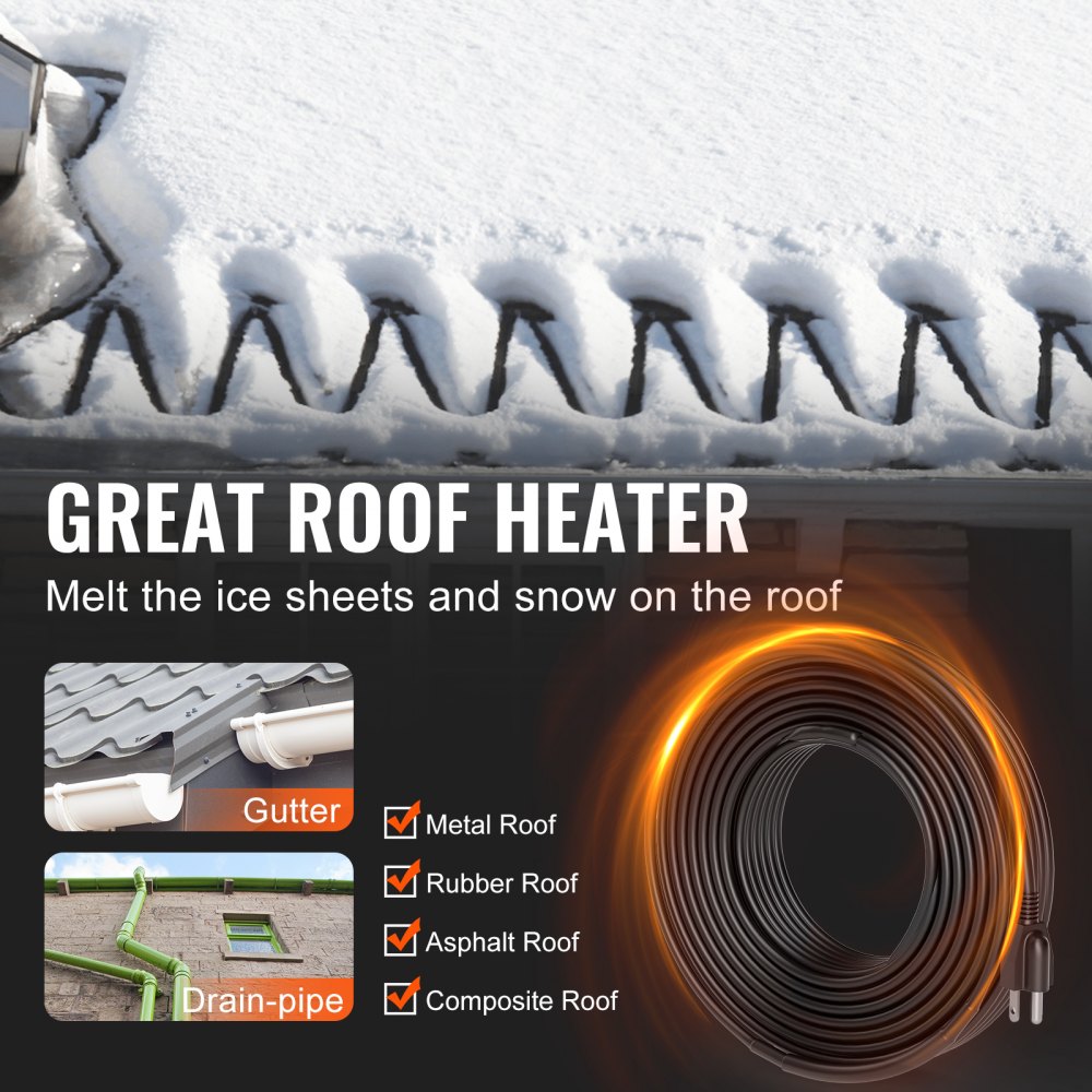 VEVOR Self-Regulating Pipe Heating Cable, 100FT 5W/FT Heat Tape for Pipes, Roof Snow Melting De-icing, Gutter and Pipe Freeze Protection