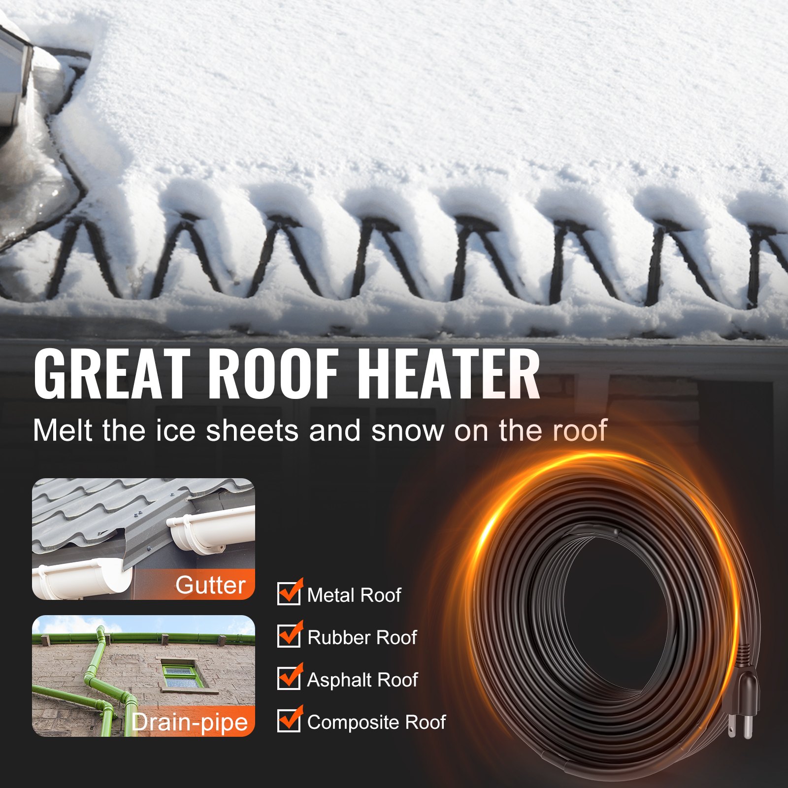 VEVOR Self-Regulating Pipe Heating Cable, 100FT 5W/FT Heat Tape for Pipes, Roof Snow Melting De-icing, Gutter and Pipe Freeze Protection