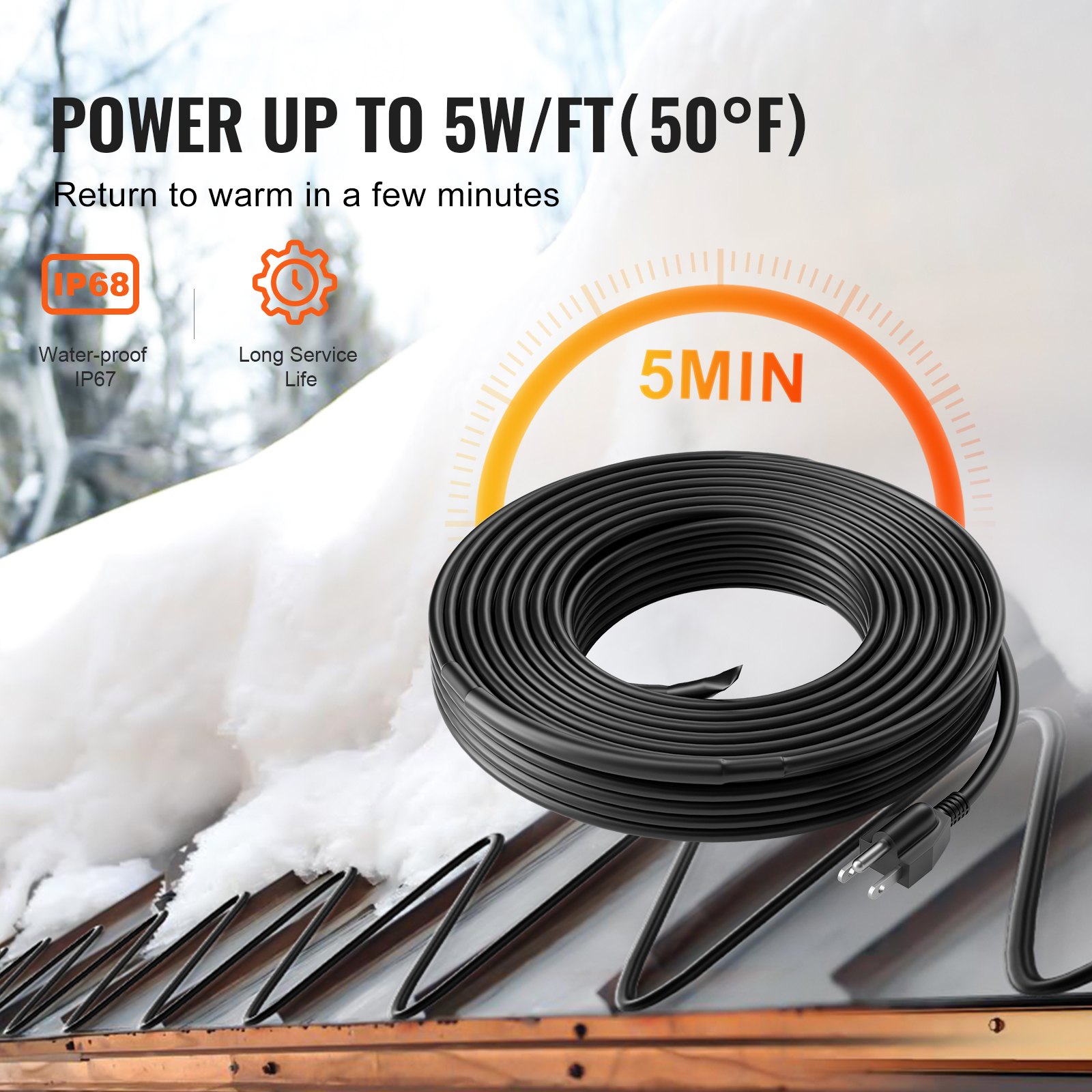 Cable calefactor autorregulable VEVOR para tuberías, cinta calefactora de 9 m y 5 W/pie para tuberías, deshielo de nieve en techos y protección contra la congelación de canalones y tuberías.