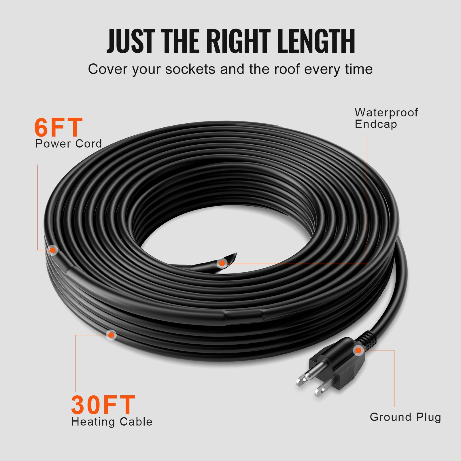 Cable calefactor autorregulable VEVOR para tuberías, cinta calefactora de 9 m y 5 W/pie para tuberías, deshielo de nieve en techos y protección contra la congelación de canalones y tuberías.