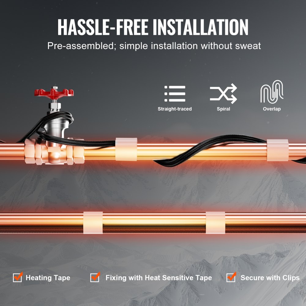 Cable calefactor autorregulable VEVOR para tuberías, cinta calefactora de 3,6 m y 5 W/pie para tuberías, deshielo de nieve en techos y protección contra la congelación de canalones y tuberías.