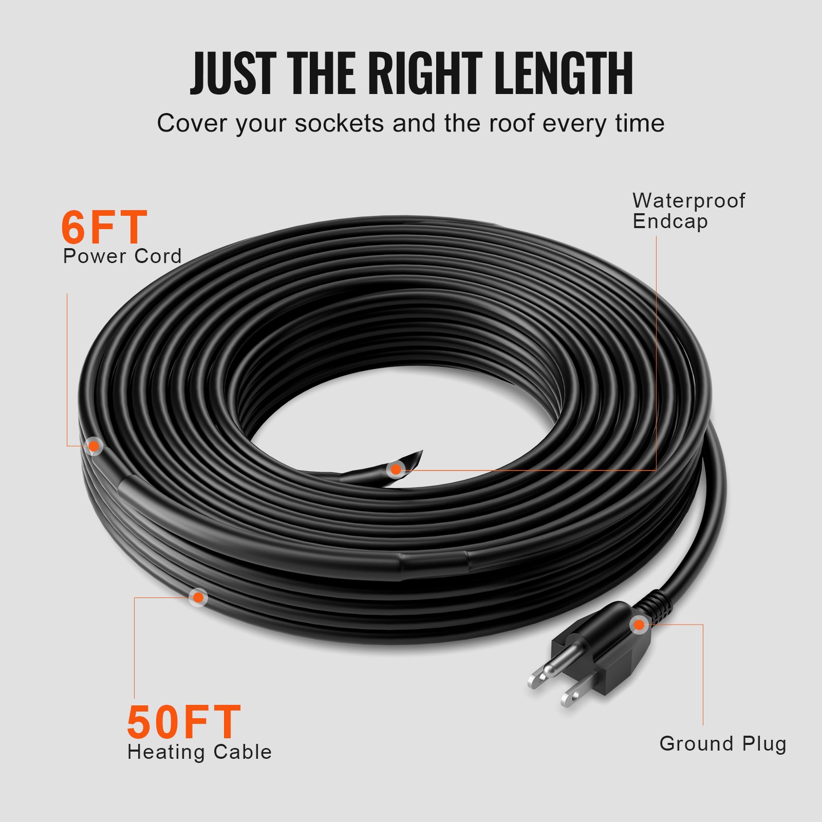 VEVOR Self-Regulating Pipe Heating Cable, 50FT 5W/FT Heat Tape for Pipes, Roof Snow Melting De-icing, Gutter and Pipe Freeze Protection