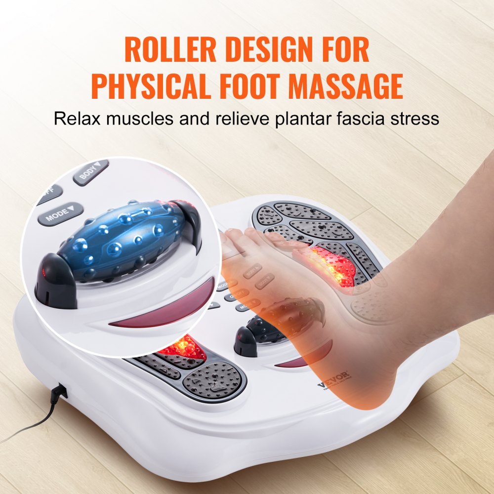 Estimulador de circulación de pies VEVOR, masajeador de pies EMS y TENS para neuropatía, estimulador eléctrico de pies con rodillo de masaje físico, 25 modos y 99 niveles de intensidad para aliviar el dolor y la fascitis plantar.