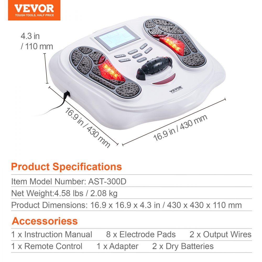 Estimulador de circulación de pies VEVOR, masajeador de pies EMS y TENS para neuropatía, estimulador eléctrico de pies con rodillo de masaje físico, 25 modos y 99 niveles de intensidad para aliviar el dolor y la fascitis plantar.