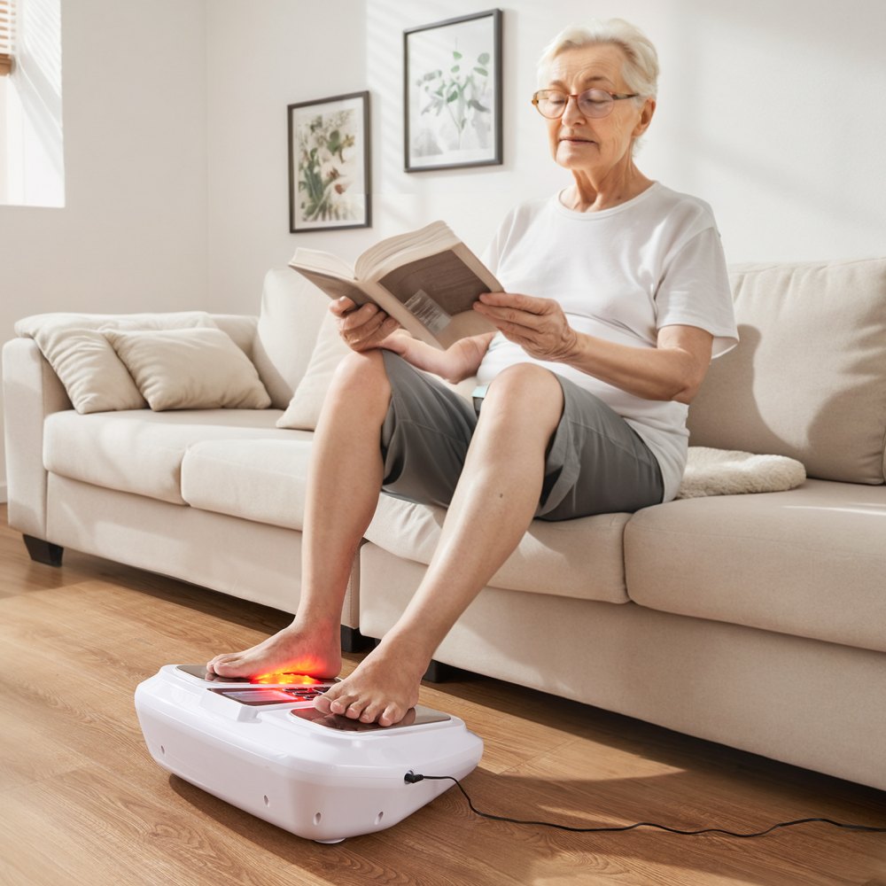 Estimulador de circulación de pies VEVOR, masajeador de pies EMS y TENS para neuropatía, estimulador eléctrico de pies con rodillo de masaje físico, 25 modos y 99 niveles de intensidad para aliviar el dolor y la fascitis plantar.