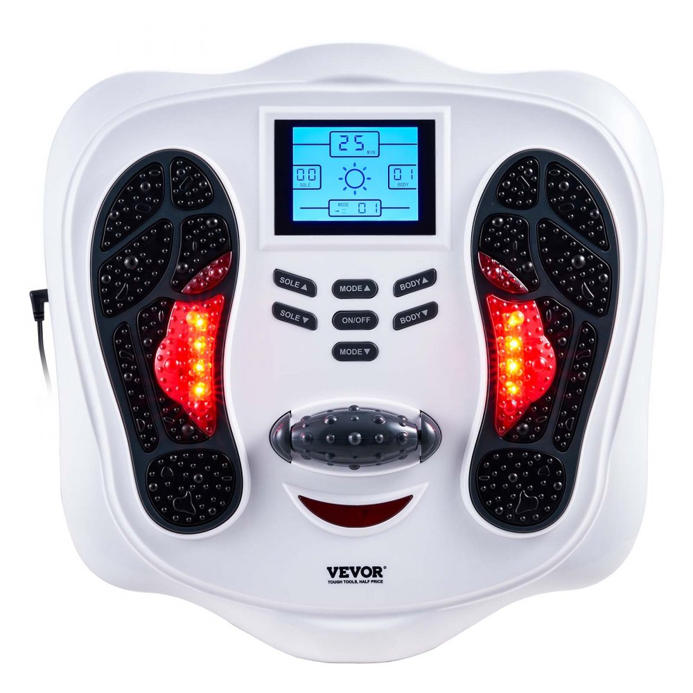 Estimulador de circulación de pies VEVOR, masajeador de pies EMS y TENS para neuropatía, estimulador eléctrico de pies con rodillo de masaje físico, 25 modos y 99 niveles de intensidad para aliviar el dolor y la fascitis plantar.