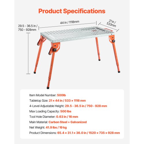Portable Folding Welding Table - 42"x21" Top, 1000lb Capacity, 7 Height Adjustable, Wheels & Handle