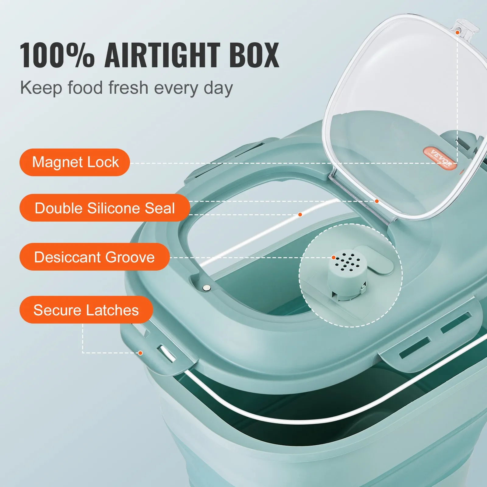VEVOR Collapsible Dog Food Storage Container, 50 lbs Capacity Large Dispenser Bin with Attachable Casters, Airtight Lid Kitchen Rice Cereal Flour Bin, Pet food Containers For Cat, Bird, Other Pet Food