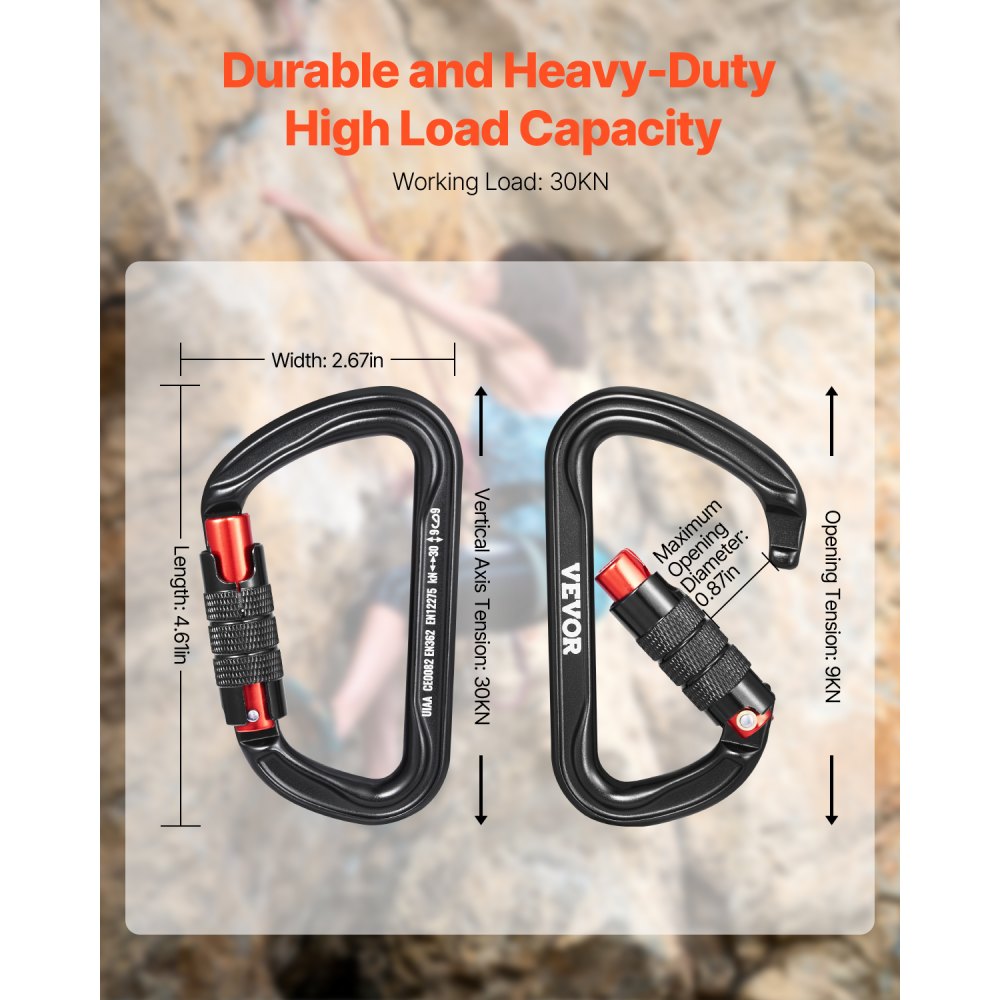 VEVOR Auto Locking Carabiner Clips, 3 PCS Heavy Duty Caribiner, Professional 30 KN / 6744 lbs Spindle Strength, D-Shaped for Climbing,Hiking,Rappelling,Rescue,Dog Leash,Hammocks, Swings