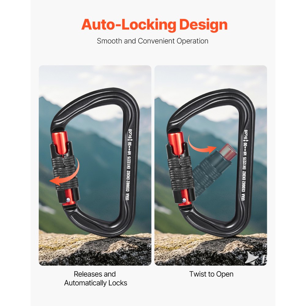 VEVOR Auto Locking Carabiner Clips, 3 PCS Heavy Duty Caribiner, Professional 30 KN / 6744 lbs Spindle Strength, D-Shaped for Climbing,Hiking,Rappelling,Rescue,Dog Leash,Hammocks, Swings