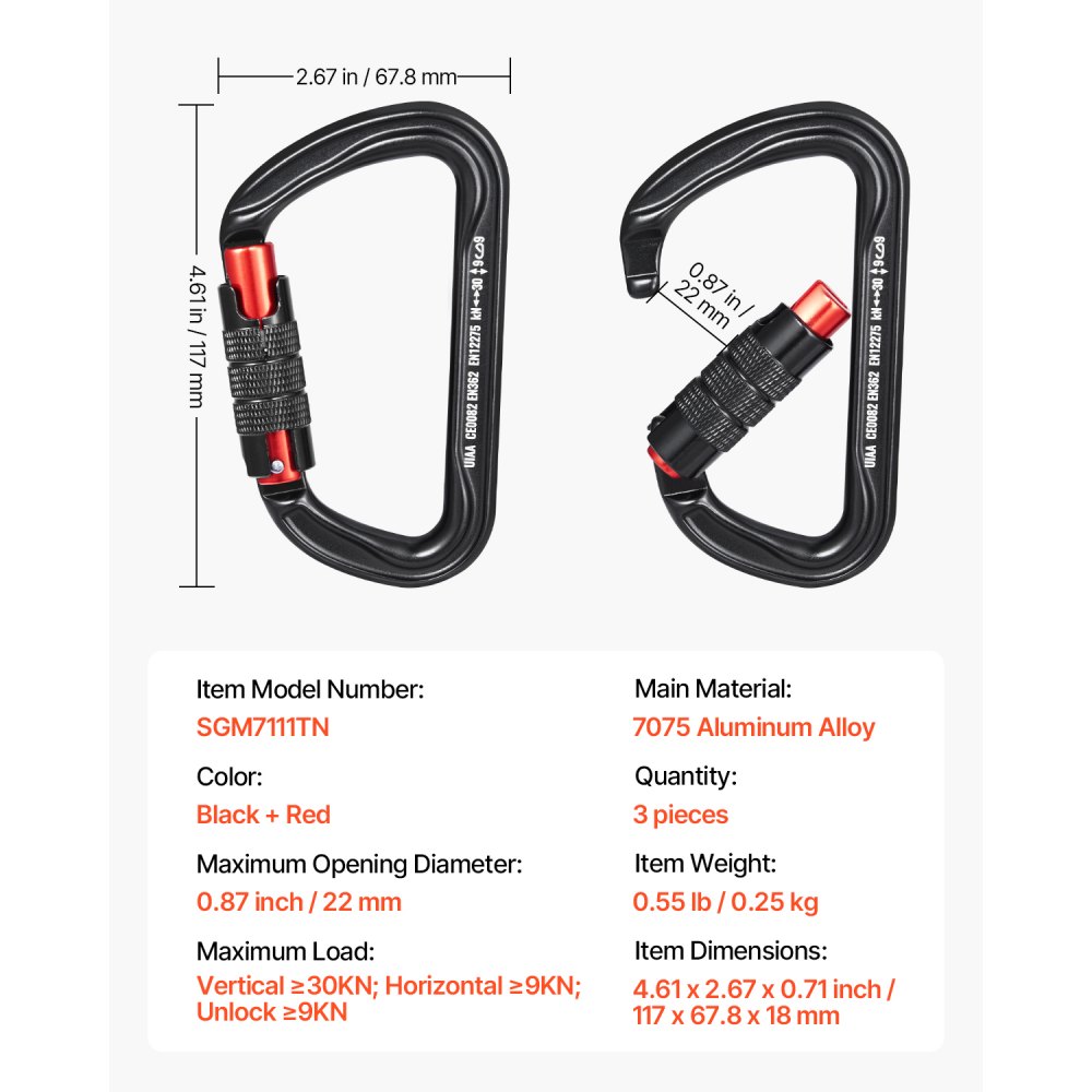 VEVOR Auto Locking Carabiner Clips, 3 PCS Heavy Duty Caribiner, Professional 30 KN / 6744 lbs Spindle Strength, D-Shaped for Climbing,Hiking,Rappelling,Rescue,Dog Leash,Hammocks, Swings