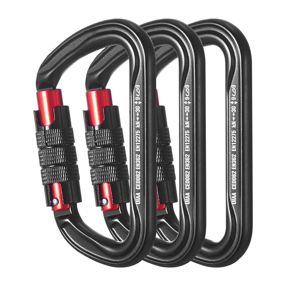 VEVOR Auto Locking Carabiner Clips, 3 PCS Heavy Duty Caribiner, Professional 30 KN / 6744 lbs Spindle Strength, D-Shaped for Climbing,Hiking,Rappelling,Rescue,Dog Leash,Hammocks, Swings