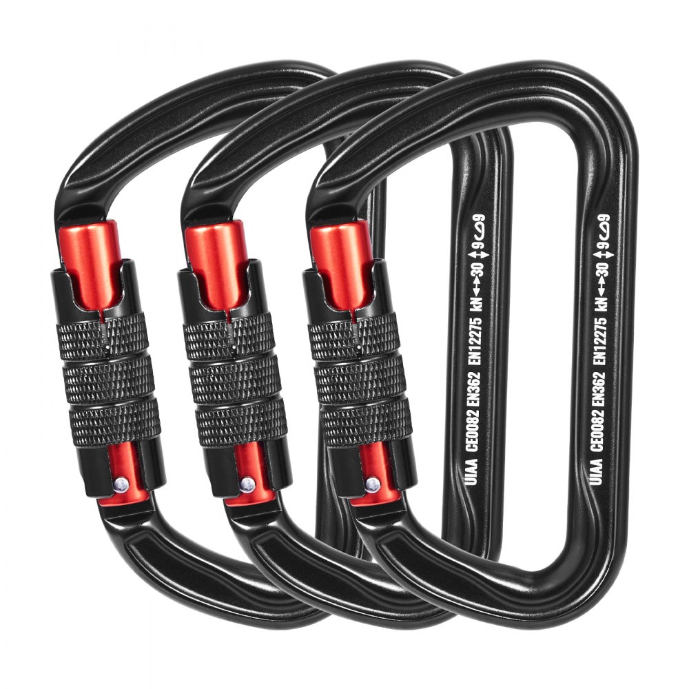 VEVOR Auto Locking Carabiner Clips, 3 PCS Heavy Duty Caribiner, Professional 30 KN / 6744 lbs Spindle Strength, D-Shaped for Climbing,Hiking,Rappelling,Rescue,Dog Leash,Hammocks, Swings