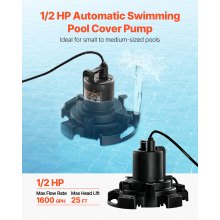 Automatic Pool Cover Pump Submersible Swimming 1/2 HP 1600 GPH 25 ft Cord