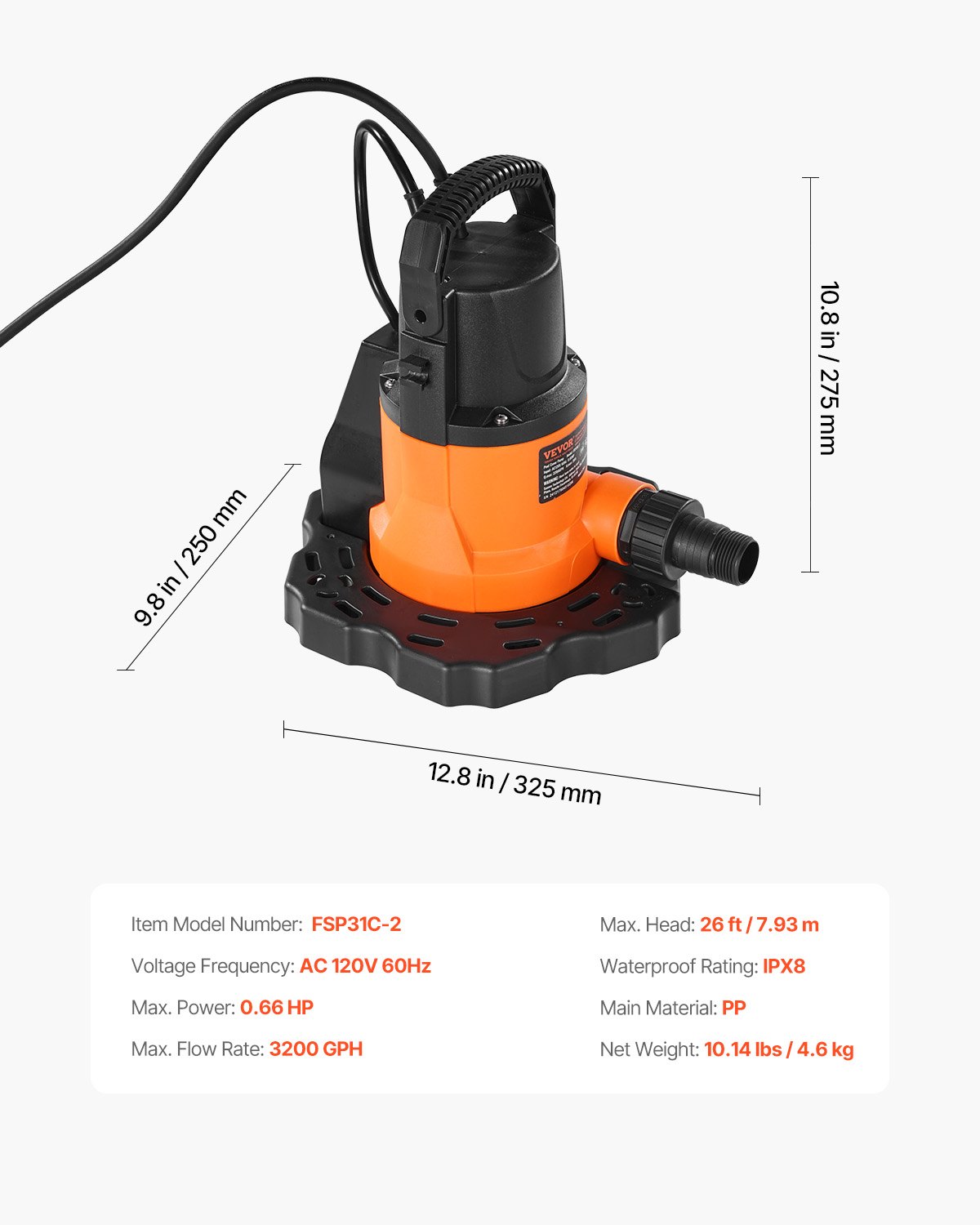 VEVOR Automatic Pool Cover Pump, 0.66 HP 3200 GPH, 120V Submersible Swimming Pool Cover Pump with 25 ft Power Cord, 26 ft Max Head Lift, Water Removal and Transfer Pump, for Pool Draining Hot Tubs