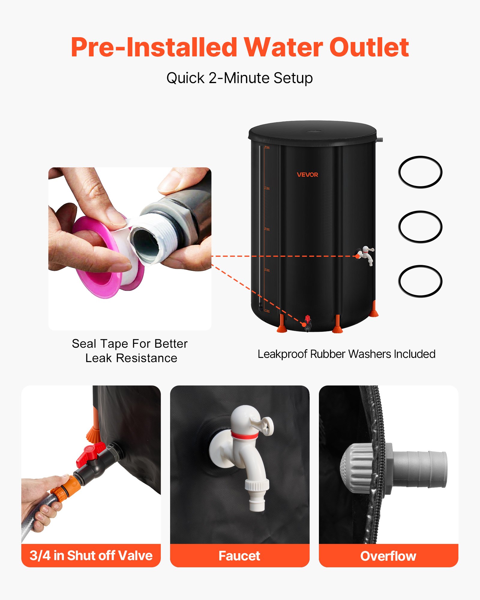 VEVOR Collapsible Rain Barrel, 380 L Portable Rain Water Collection Barrel, 1000D PVC Rainwater Collection System, Garden Water Catcher Tank Storage Container with Spigot & Overflow Kit, Black