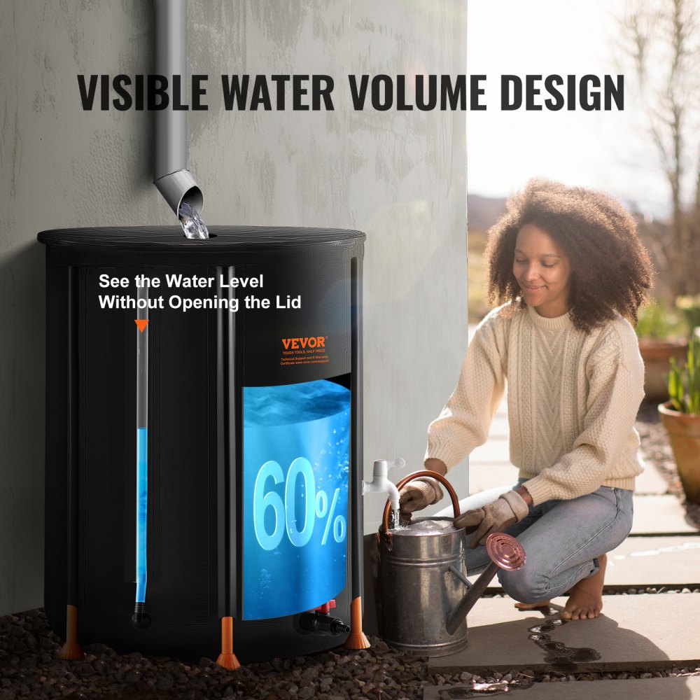 VEVOR Collapsible Rain Barrel, 100 Gallon/380 L Portable Water Tank, PVC Rainwater Collection Barrel with Spigots and Overflow Kit, Water Barrel for Garden Water Catcher