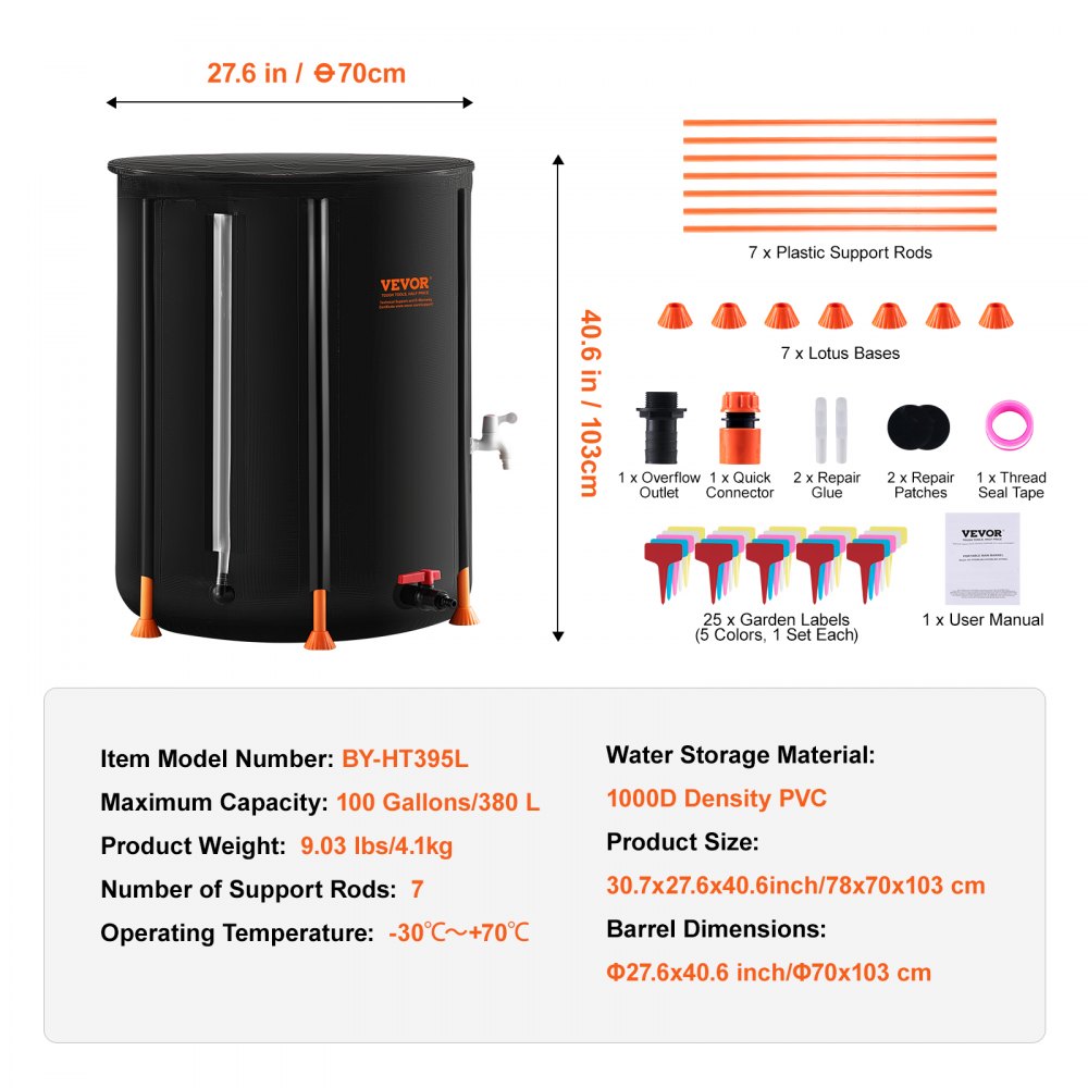 VEVOR Collapsible Rain Barrel, 100 Gallon/380 L Portable Water Tank, PVC Rainwater Collection Barrel with Spigots and Overflow Kit, Water Barrel for Garden Water Catcher