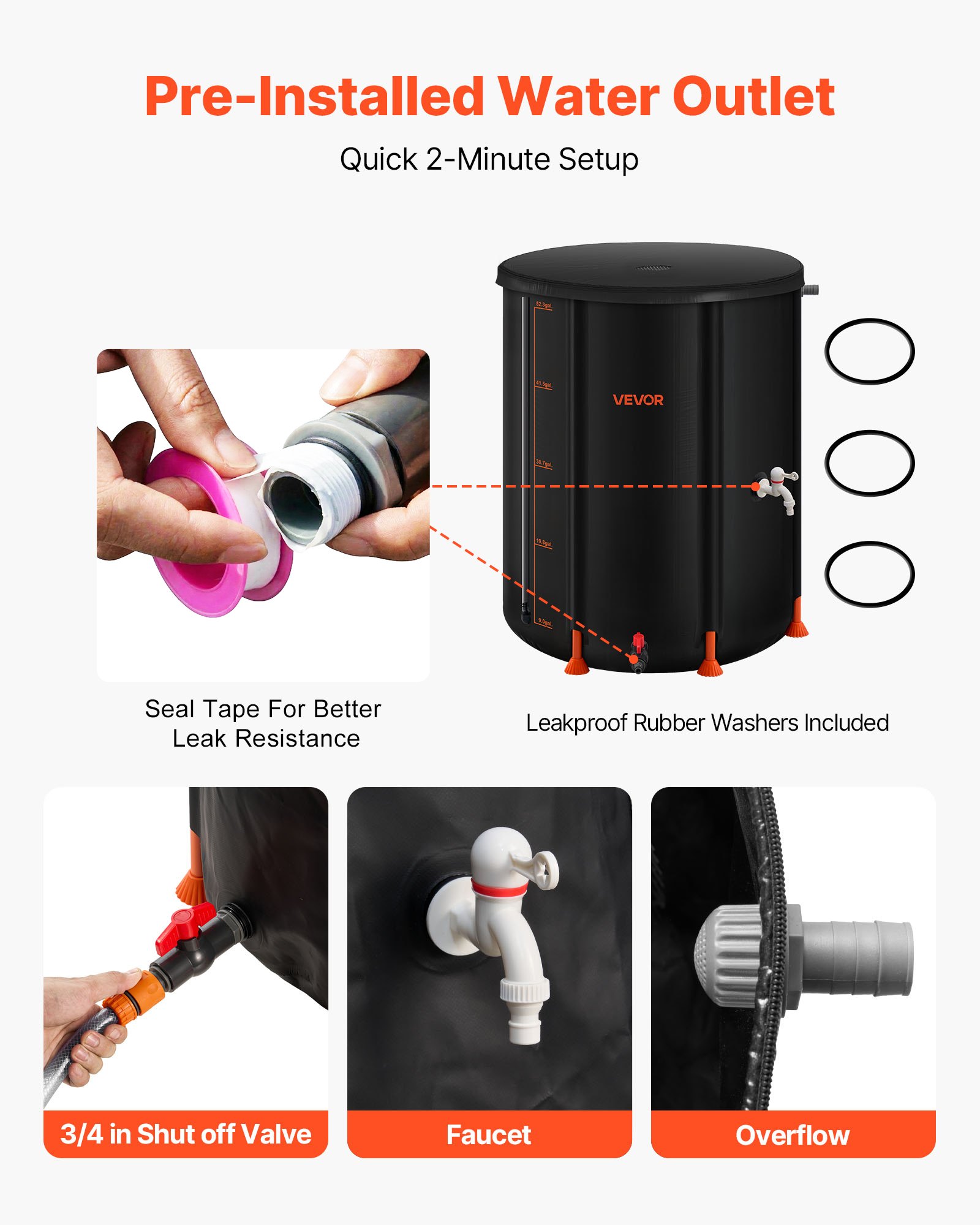 VEVOR Collapsible Rain Barrel, 201 L Portable Rain Water Collection Barrel, 1000D PVC Rainwater Collection System, Garden Water Catcher Tank Storage Container with Spigot & Overflow Kit, Black