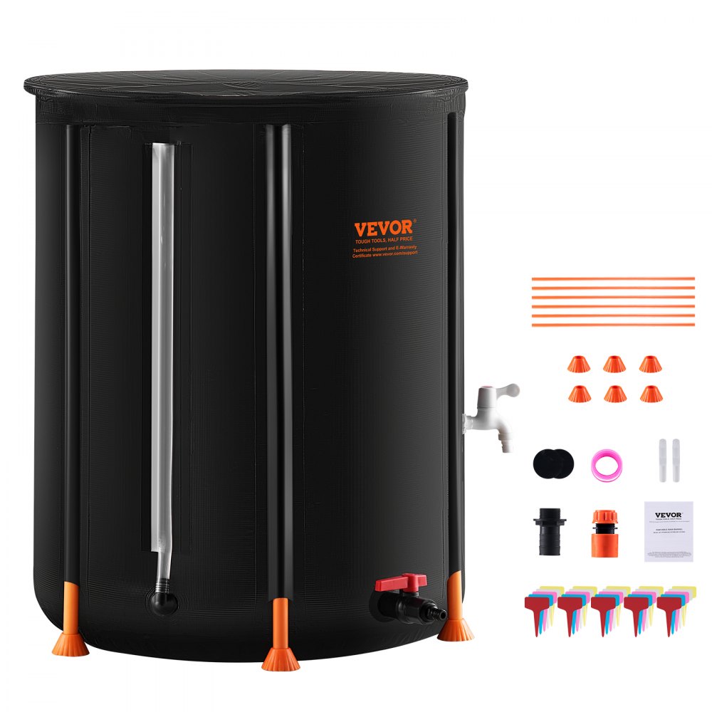 VEVOR collapsible rain barrel with accessories, black barrel with orange legs and faucet components.