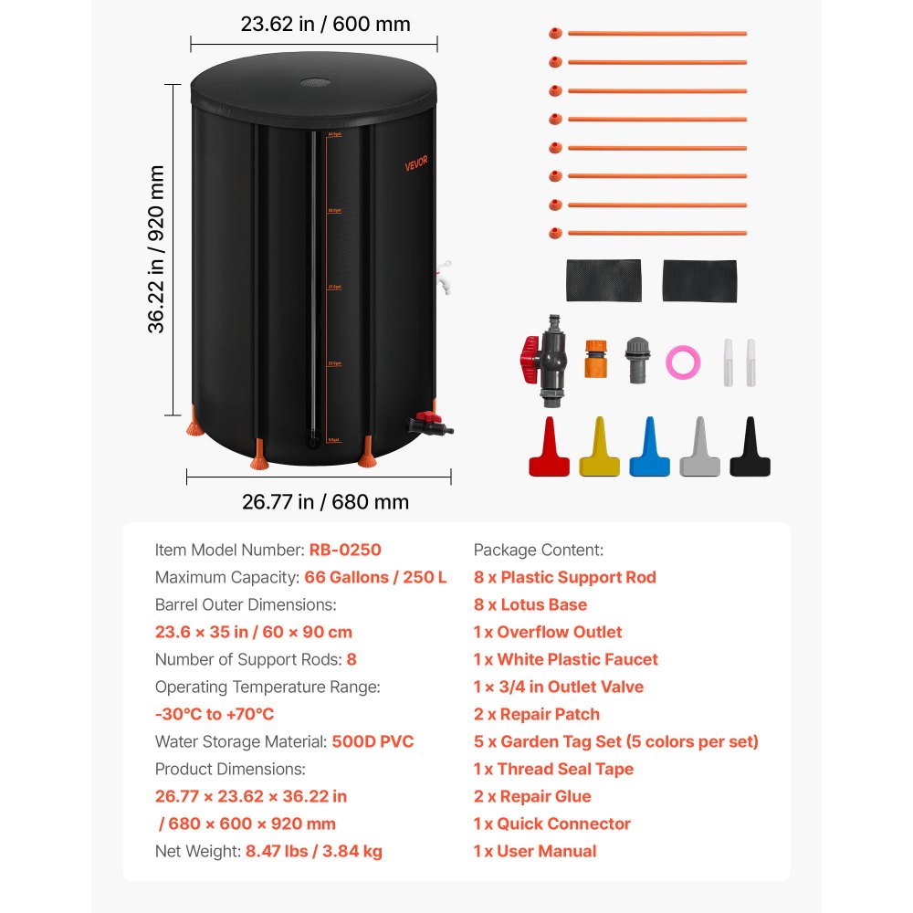 VEVOR Collapsible Rain Barrel, 250 L Portable Rain Water Collection Barrel, 500D PVC Rainwater Collection System, Garden Water Catcher Tank Storage Container with Spigot & Overflow Kit, Black