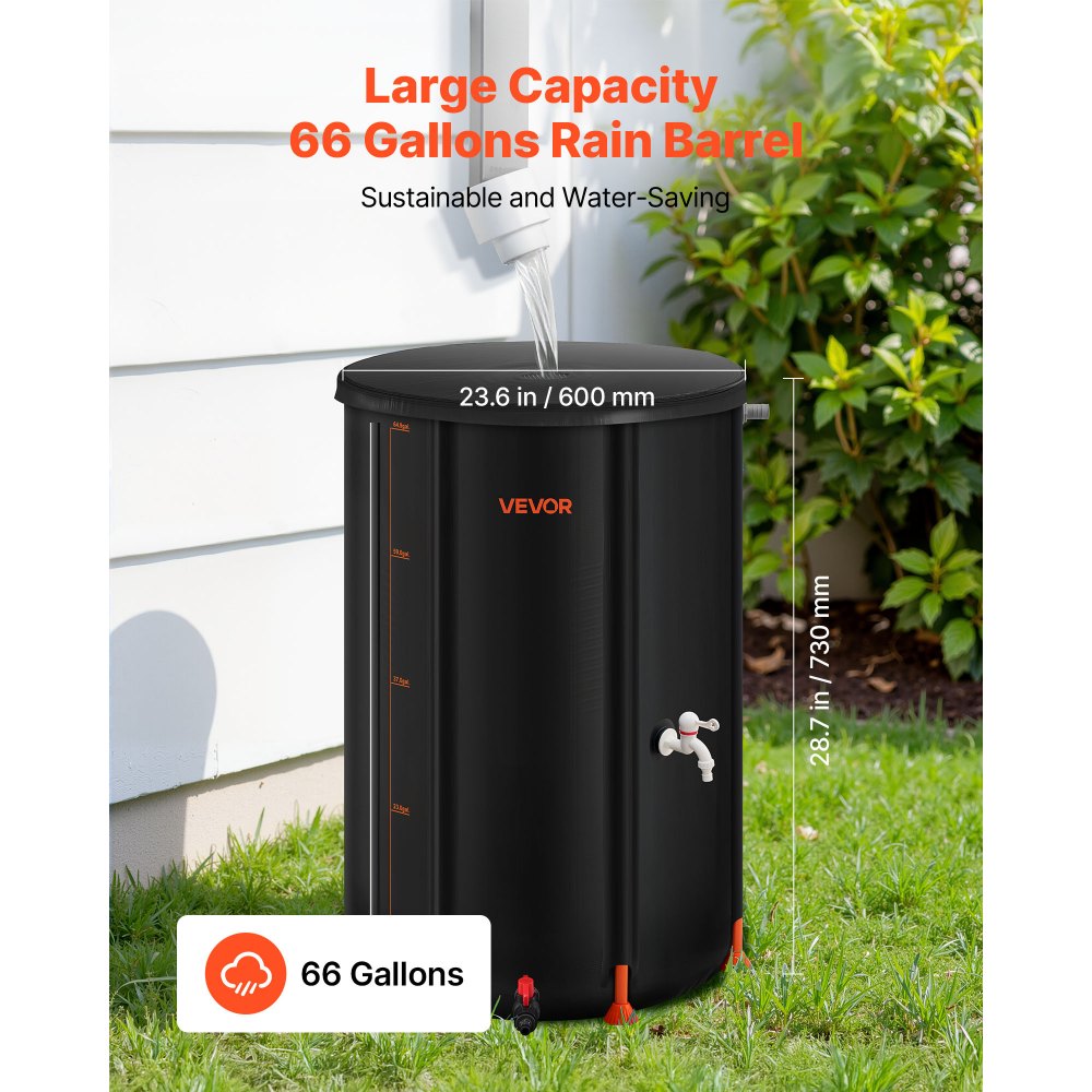 VEVOR Collapsible Rain Barrel, 250 L Portable Rain Water Collection Barrel, 500D PVC Rainwater Collection System, Garden Water Catcher Tank Storage Container with Spigot & Overflow Kit, Black