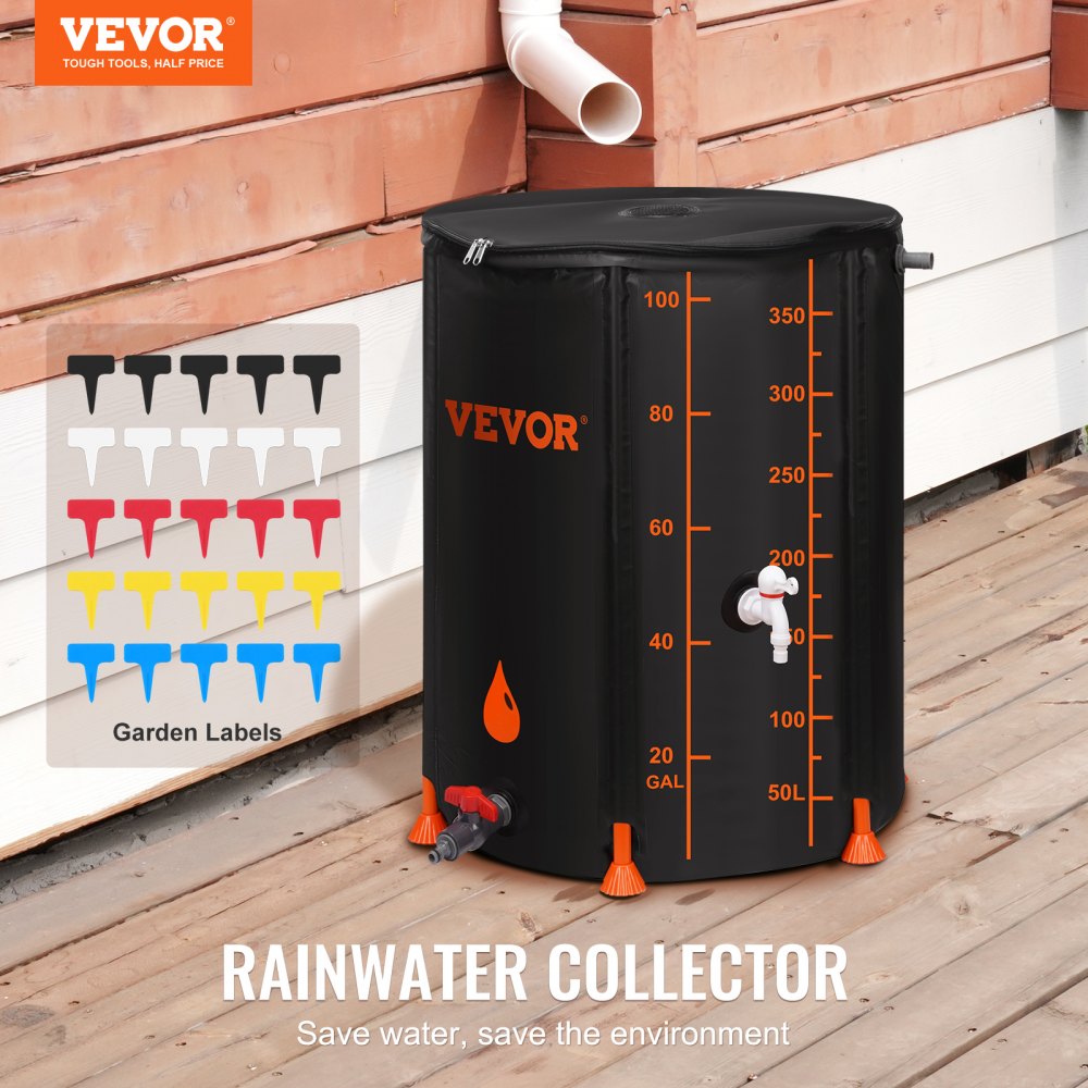VEVOR rain barrel on wooden deck with colorful garden labels, rain spout, and measurement markings.