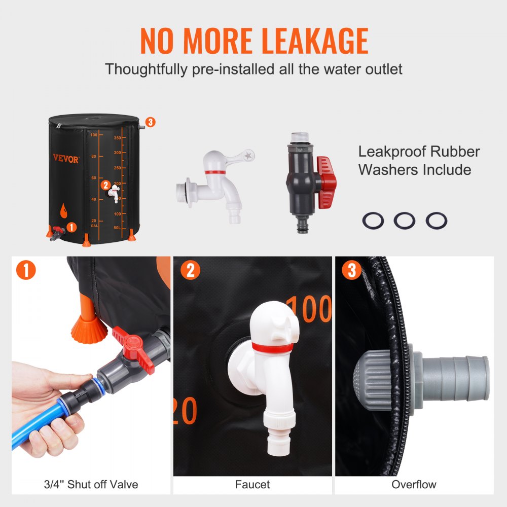 VEVOR rain barrel with leakproof rubber washers, shut-off valve, faucet, and overflow outlet.