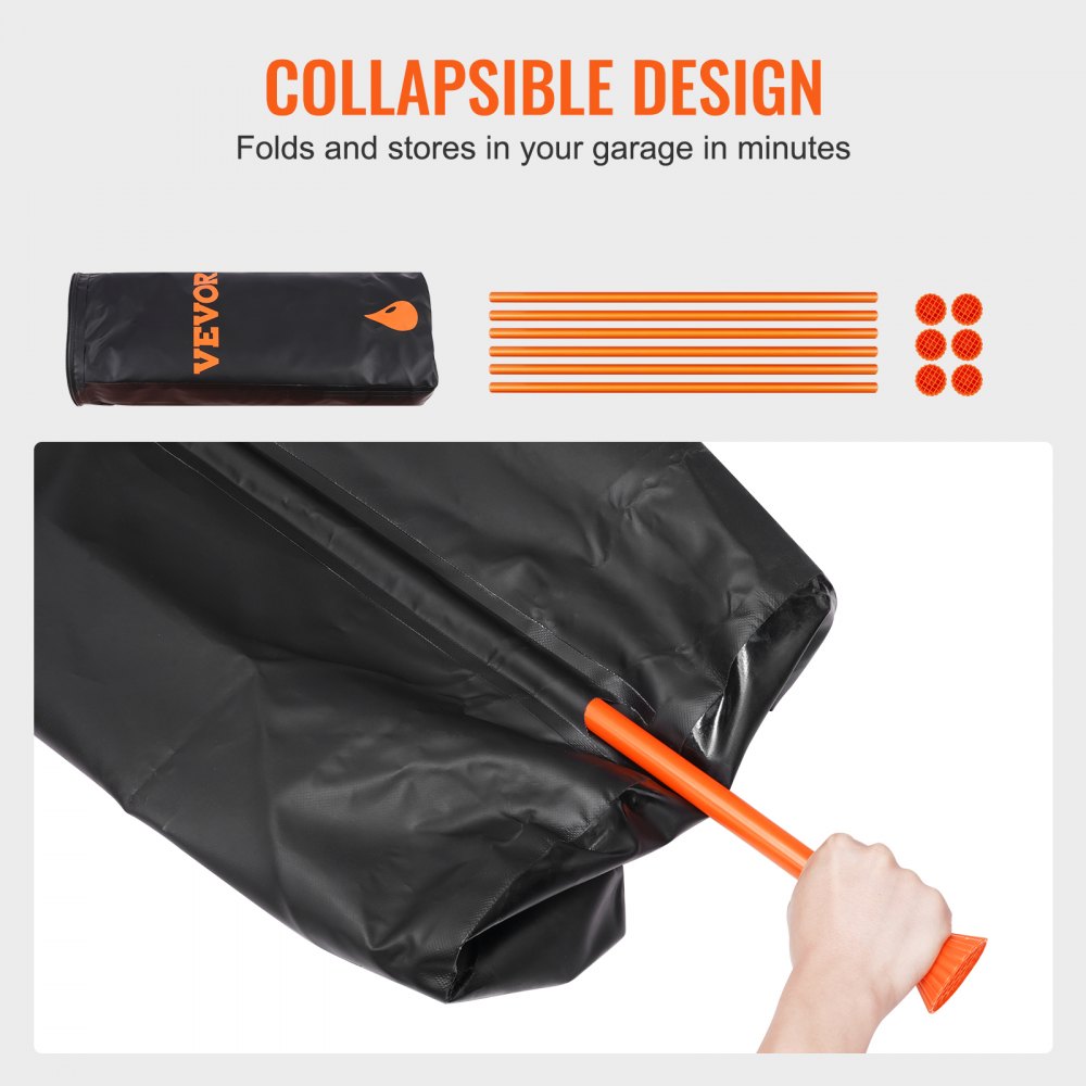 VEVOR rain barrel with collapsible design, easy storage components, and orange rods for setup.