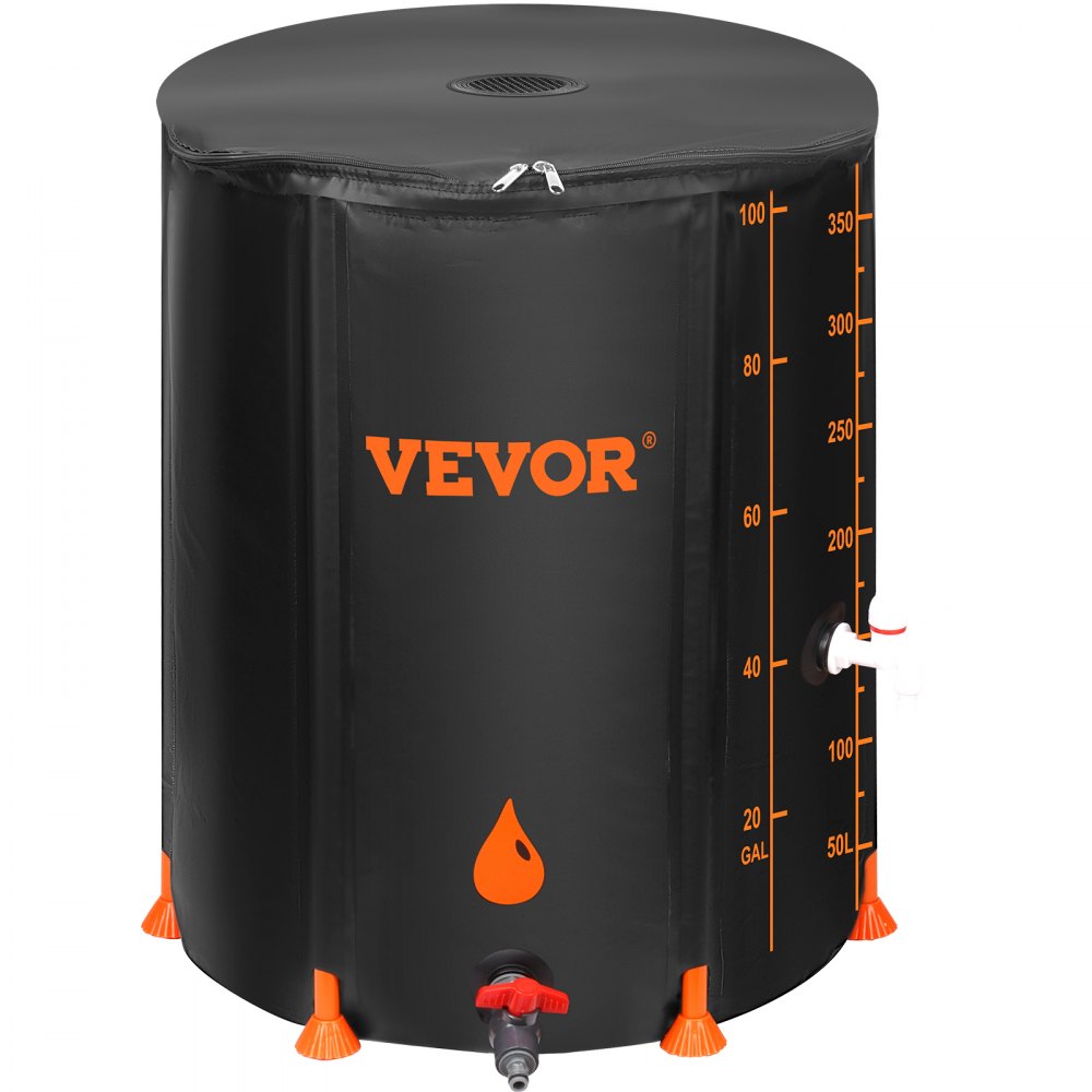 black VEVOR rain barrel with orange details, capacity markings, and spout at the bottom.
