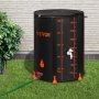 VEVOR rain barrel with measurements, hose connection, and spigot, placed on grass near a brick wall.
