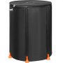 black VEVOR rain barrel with orange feet, side spigot, and zippered top cover for easy access.