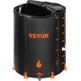 VEVOR rain barrel with 350-liter capacity, black with orange accents, and clear volume markers.