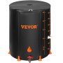 black VEVOR rain barrel with orange details, capacity markings, and spout at the bottom.