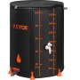 black VEVOR rain barrel with capacity markings, dual spigots, and orange branding.