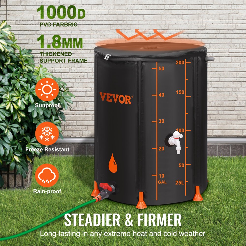 VEVOR Collapsible Rain Barrel, 53 Gallon Large Capacity, PVC Rainwater Collection System with Spigots and Overflow Kit, Portable Water Tank Storage Container for Garden Water Catcher, Black