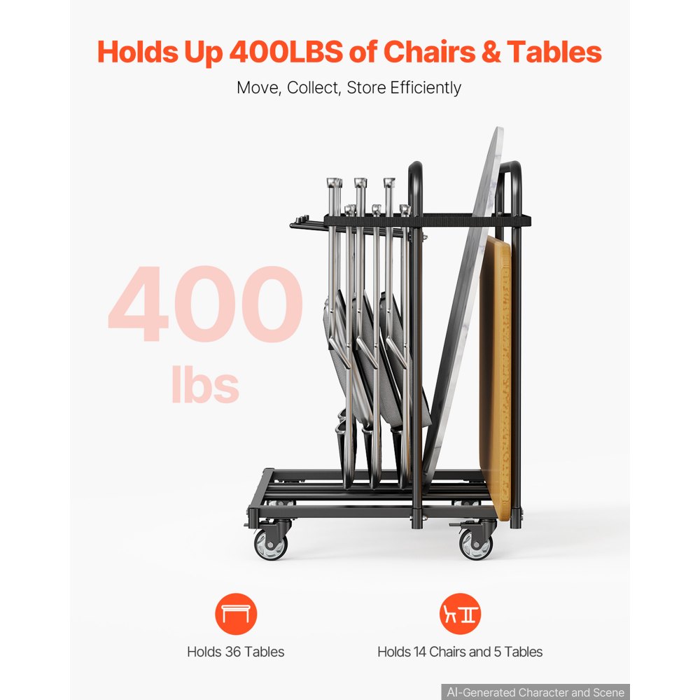 VEVOR Folding Table and Chair Rack Cart 400 lbs Holds 14 Chairs & 5 Tables, for Party Event Hotel Factory, Heavy-Duty Carbon Steel, Easy to Move, Storage Dolly, with Swivel Casters and Locking Wheels